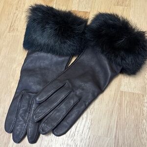 LORD & TAYLOR Fownes Brothers Lined Leather Gloves Rabbit Cuff Womens Sz 7